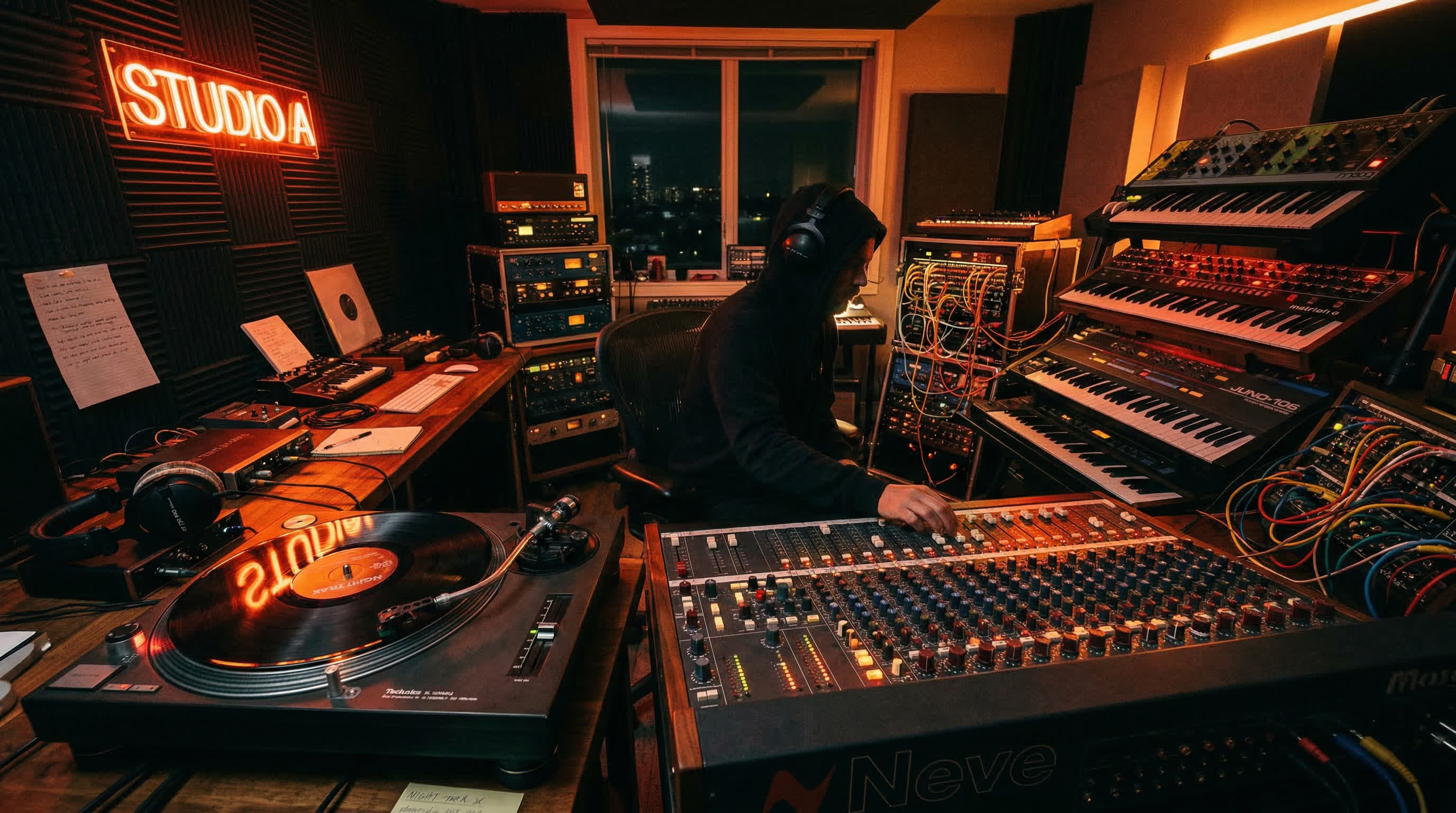 Dark moody music studio with warm neon lighting